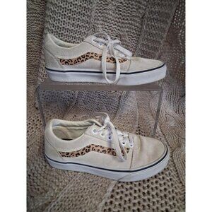 Vans Womens Size 6 Leopard Stripe Old Skool Low-Top Sneakers In Beige Suede & Ca